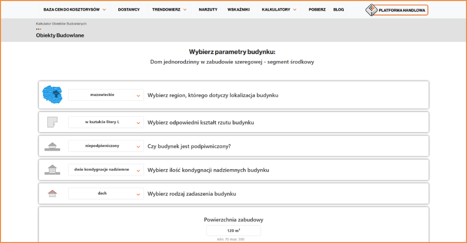 Kalkulator Obiektów Budowlanych Online (KOBO) - tabela